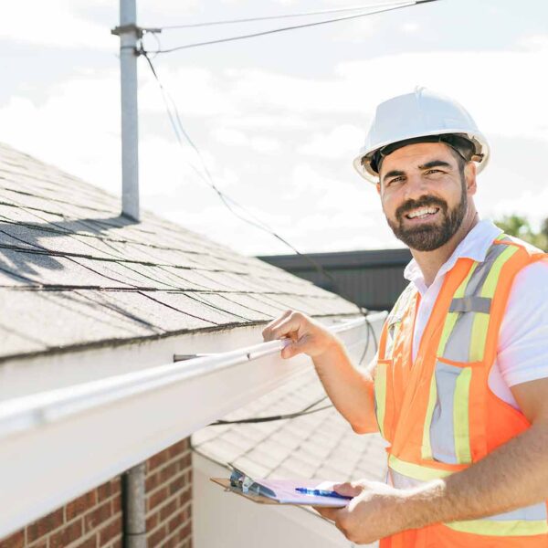 Professional roofer inspecting a home’s roof and gutters during a roof inspection.
