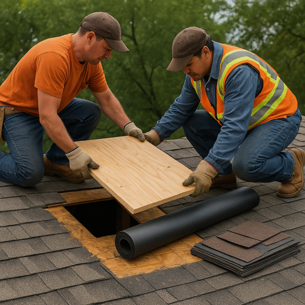 Two Roofers Doing a Roof Repair Job.