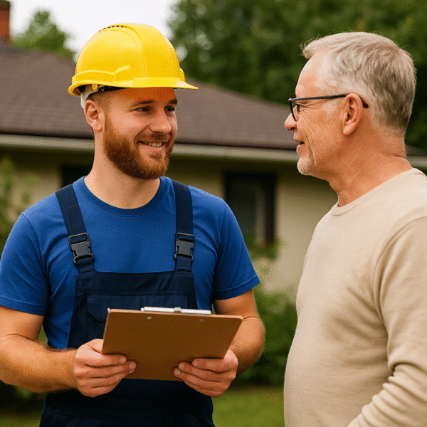 Roofing contractor discussing the roof maintenance checklist with the home owner