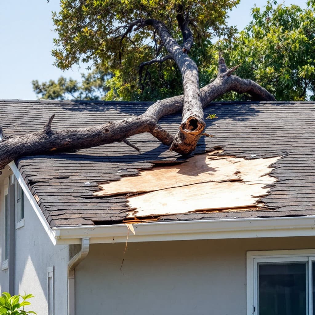 emergency roof repair after a fallen tree branch damages shingles and plywood in sacramento