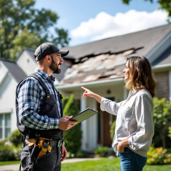 A roofing contractor discusses visible roof damage with a homeowner during a roof inspection for insurance, pointing out areas that may affect coverage and repair decisions.