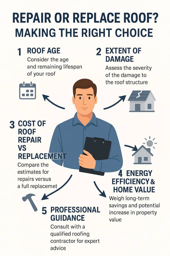 infographic showing 5 key factors to decide whether to repair or replace roof: age, extent of damage, cost, energy efficiency, and professional guidance, with contractor in center