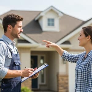Homeowner discussing a roof inspection checklist with contractor outside Sacramento home