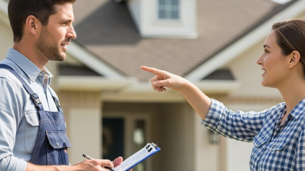 Homeowner discussing a roof inspection checklist with contractor | two rivers roofing, inc homeowner discussing a roof inspection checklist with contractor outside sacramento home