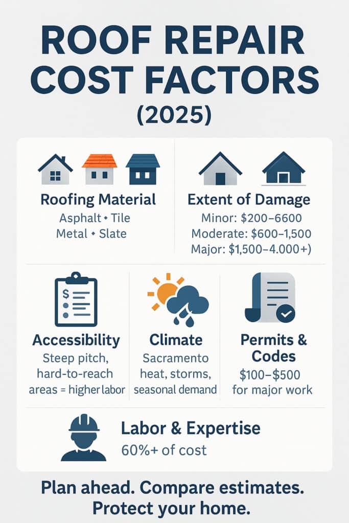 infographic showing roof repair cost factors including materials, damage, labor, permits, and climate