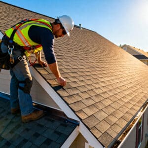 Professional roofing contractor inspecting shingles and flashing on a residential roof, viewed from a drone perspective during a roof inspection.