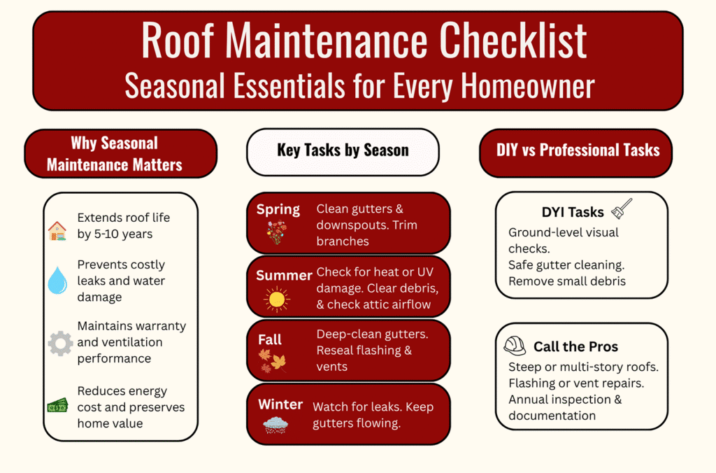 infographic showing seasonal roof maintenance checklist with tips for spring, summer, fall, and winter, plus diy and professional task guide.