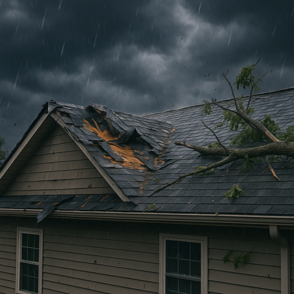 A suburban home with visible roof damage after a storm, showing missing shingles and fallen branches under dark clouds — illustrating storm damage roof repair needs.