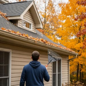 A homeowner holds a rake and notices clogged rain gutters filled with fall leaves — an early warning sign of leaking roofs.