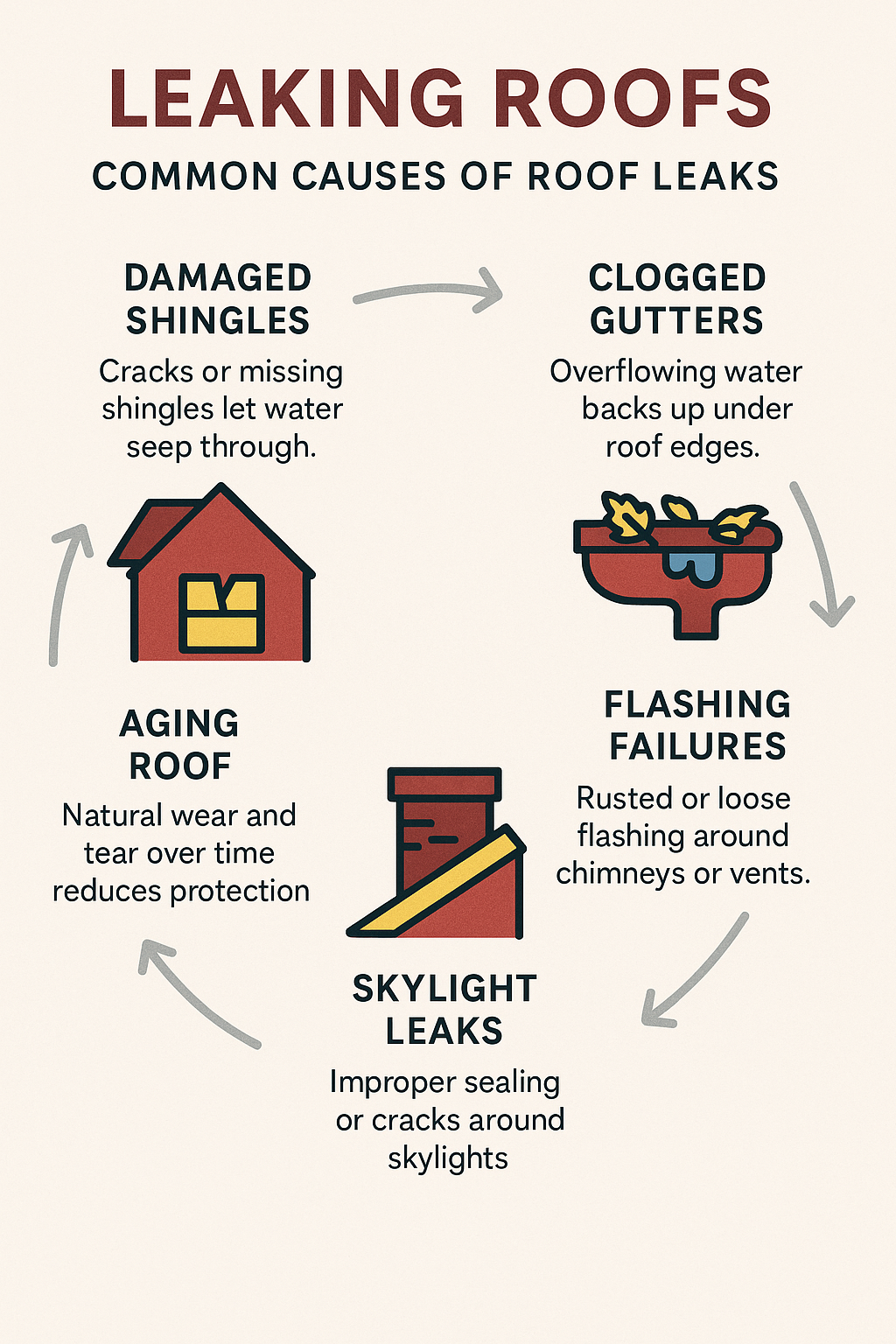 infographic illustrating the most common causes of leaking roofs — damaged shingles, clogged gutters, flashing failures, skylight leaks, and aging roofs — arranged in a circular flow design using red, charcoal, and gold colors.