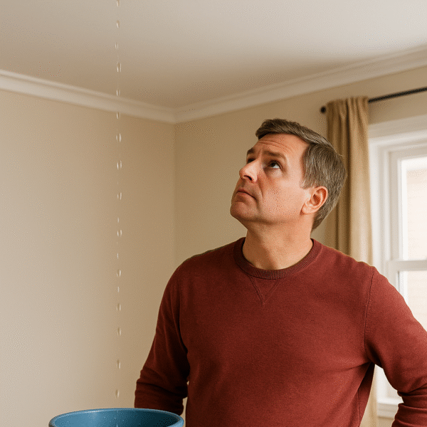 A homeowner catching water from a ceiling leak with a bucket, showing a leaking roof, and why understanding roof leak repair cost is important.