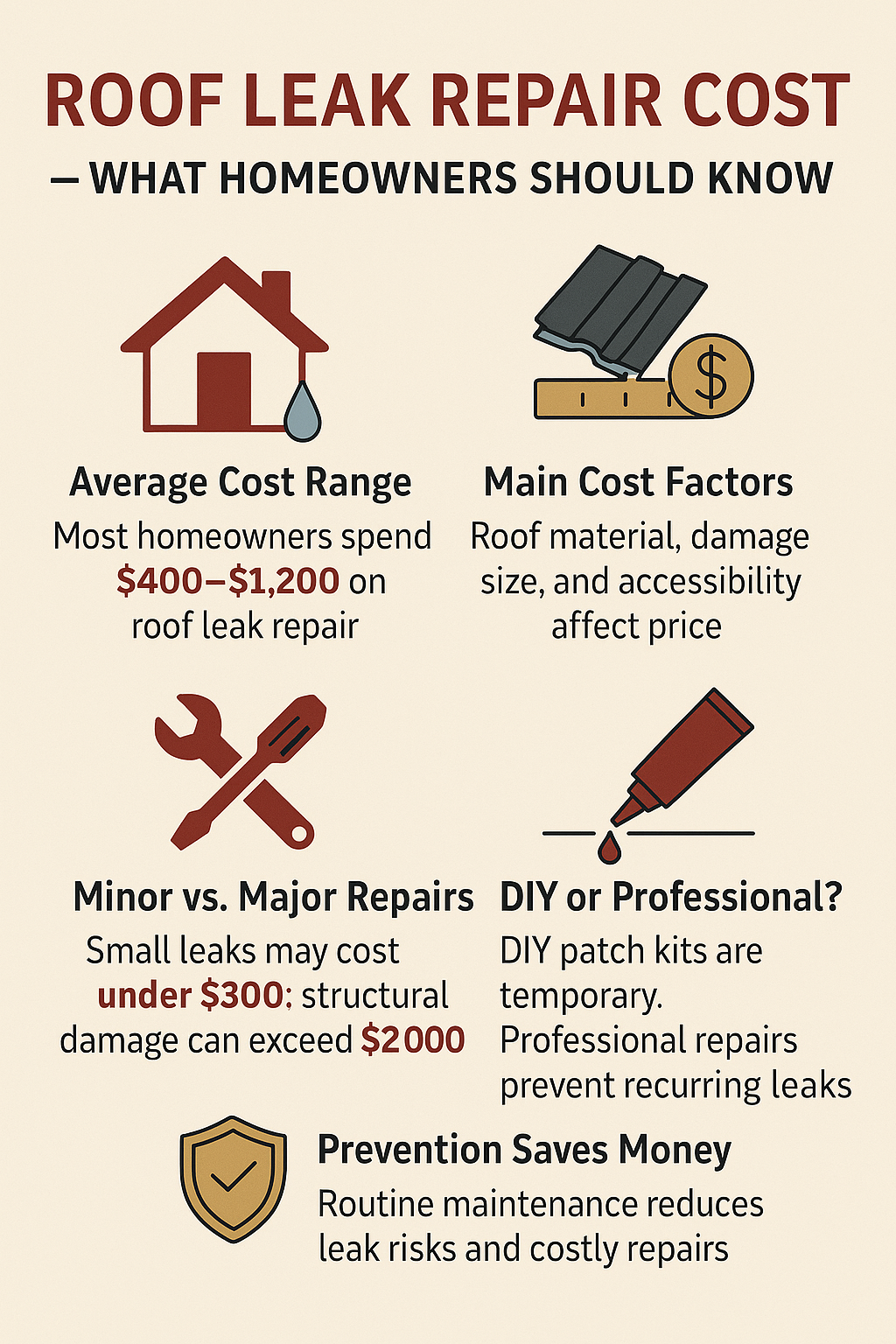 Roof leak repair cost infographic | two rivers roofing, inc infographic showing key points about roof leak repair cost, including average price ranges, main cost factors, repair types, diy vs. professional options, and the value of preventative maintenance.