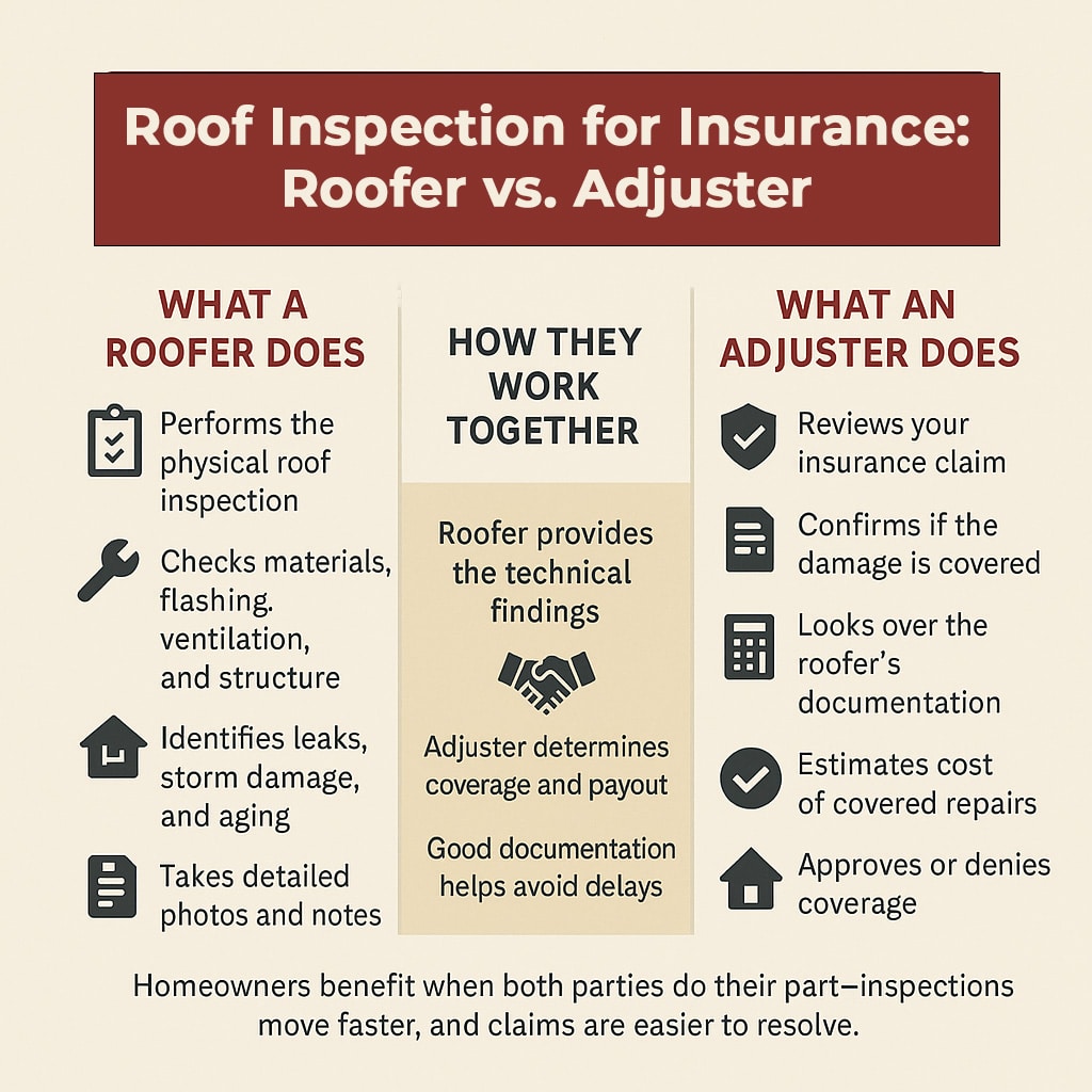 infographic explaining the roles of a roofer and an insurance adjuster during a roof inspection for insurance, showing how each evaluates damage and how their collaboration helps speed up claims.