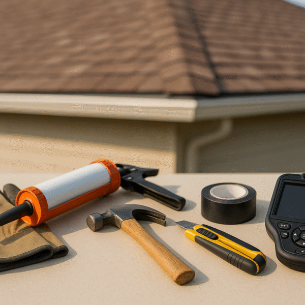 A set of professional tools used for roof maintenance services, arranged neatly with a house roof blurred in the background to show the context of the work.