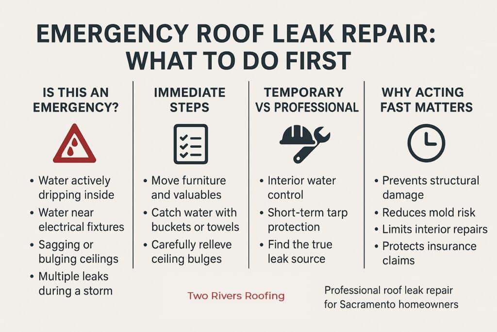 emergency roof leak repair infographic showing what qualifies as an emergency, immediate steps to take, and when to call a professional in sacramento