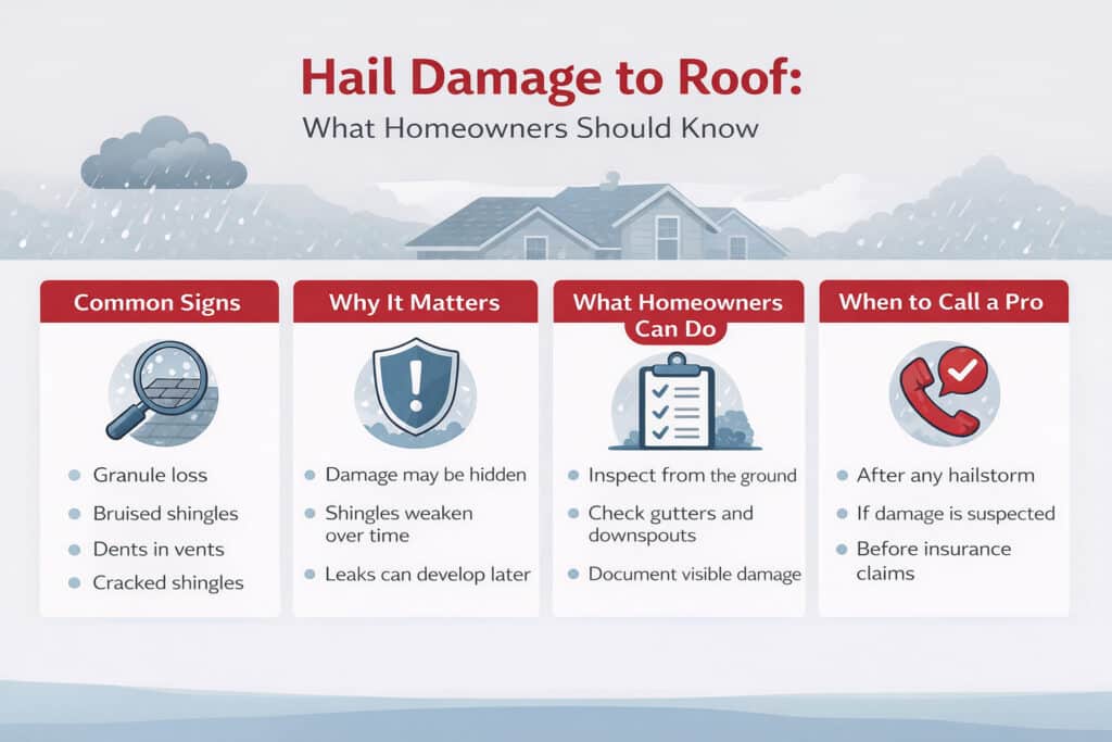 Four-column infographic explaining hail damage to a roof signs, why the damage matters, safe homeowner steps, and when to contact a professional.
