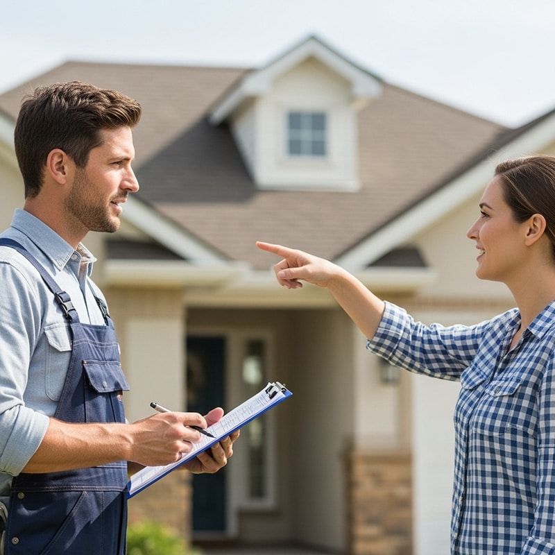 Homeowner discussing a roof inspection checklist with the roofing contractor