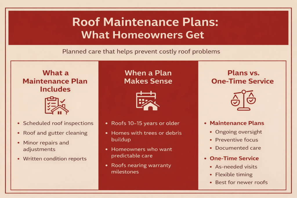 Three-column infographic explaining roof maintenance plans, showing what services are included, when a plan makes sense for homeowners, and how maintenance plans compare to one-time roof service.